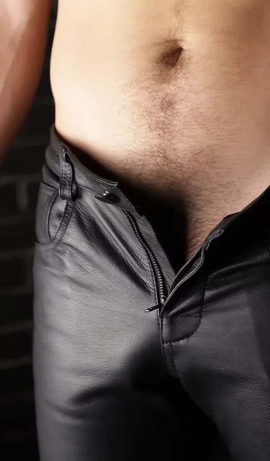 Low-Rise Zipper Fly Leather Jeans