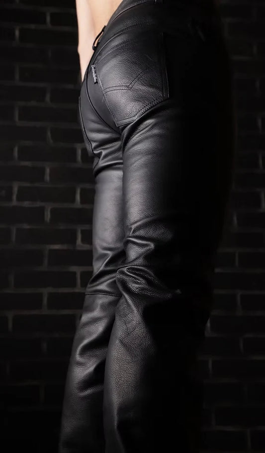 Low-Rise Zipper Fly Leather Jeans