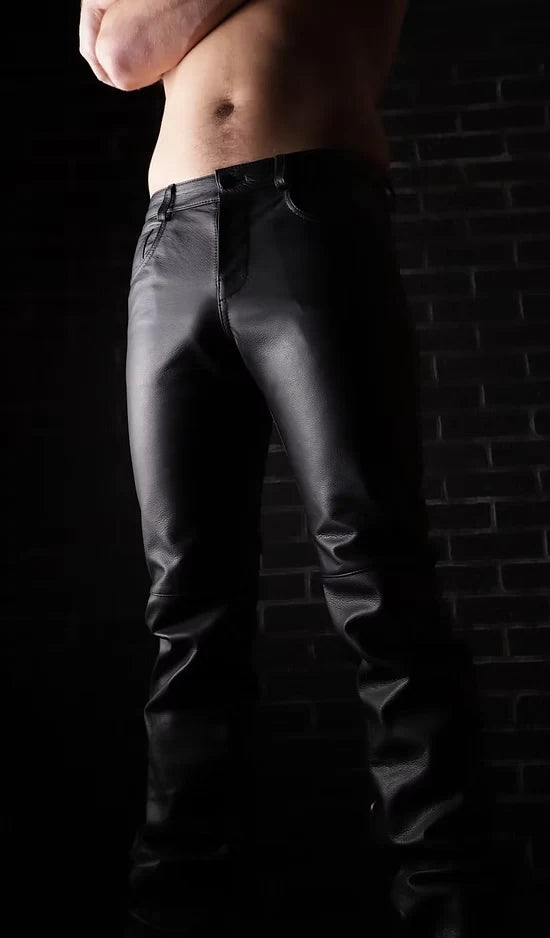 Low-Rise Zipper Fly Leather Jeans