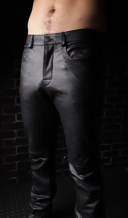 Low-Rise Button Fly Leather Jeans