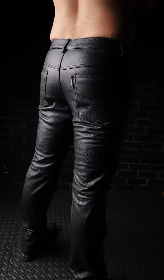 Low-Rise Button Fly Leather Jeans